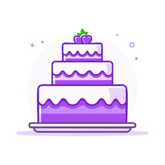 Three-tier purple and white frosted cake with berry and leaf decoration