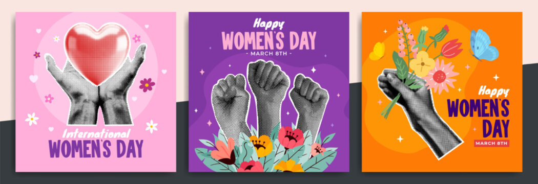International women's day banner, greeting card and social media template with halftone hand, flower, torn paper and heart. 8 march background. Girl power, feminism and female empowerment poster.