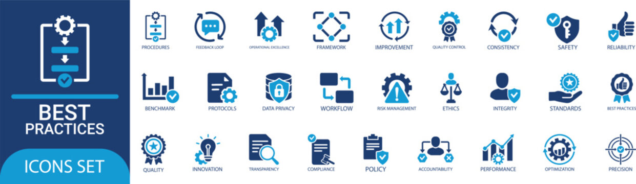 Best practices icon set. Containing workflow, guidelines, performance, standards, improvement, protocols, procedures and methodology. Solid vector icons collection.