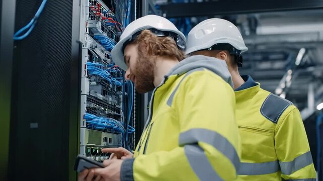 Technicians collaborating in a modern data center adjusting traffic management controls to regulate load and optimize internet service reliability.