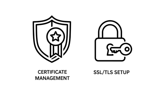Icons for Certificate Management and SSL/TLS Setup, symbolizing security, trust, and secure online connections with padlock and key.