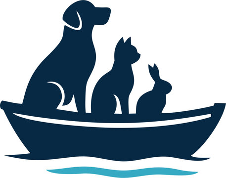 Illustration of Dog, Rabbit and Cat on a blue boat