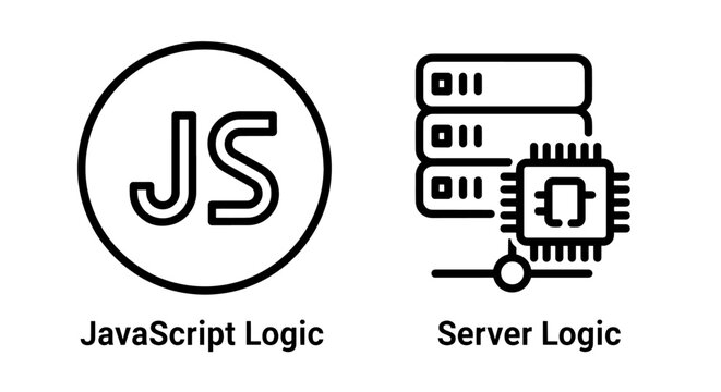 JavaScript logic icon as JS in circle, and server logic icon with CPU and stack of data, representing web development and backend programming, outline vector graphics