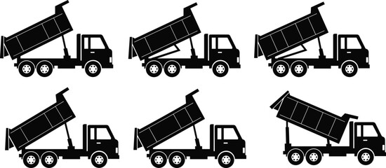 Dump truck silhouette set showing tipper truck unloading positions, heavy construction transport vehicles collection, industrial logistics concept, black vector illustration isolated on white  © Shafik Creatives