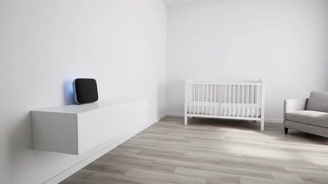 Modern nursery interior with crib, grey speaker on cabinet, and armchair in minimalist style for baby care and parenting lifestyle.