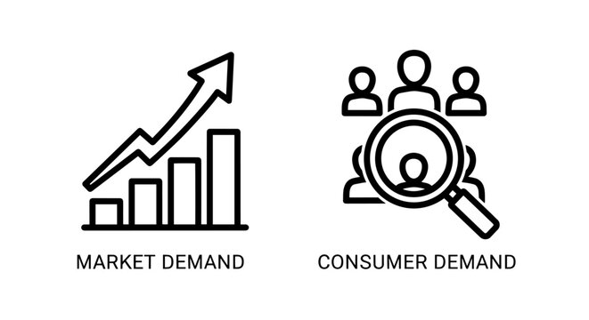 Market and consumer demand icons: rising graph for market demand and people with magnifying glass for consumer demand, illustrating economic trends