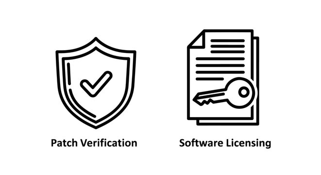 Software update and licensing icons: shield with checkmark for patch verification and document with key for software licensing, ensuring security and legal compliance