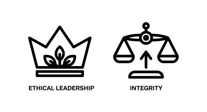 Ethical leadership and integrity icons: crown with leaves for ethical leadership and scales of justice with upward arrow for integrity, representing values and fairness