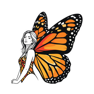 Captivating vector illustration of an elegant woman with colorful monarch butterfly wings.