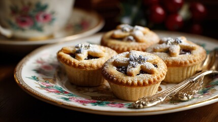 Mince pies on vintage china plate, nostalgic British holiday reference