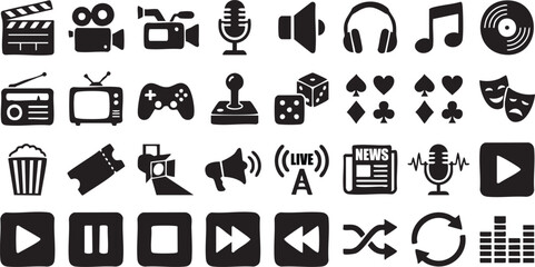 Multimedia Comprehensive Set of Entertainment and Audio Visual Icons - symbols, vector, collection, cinema, music © Waris