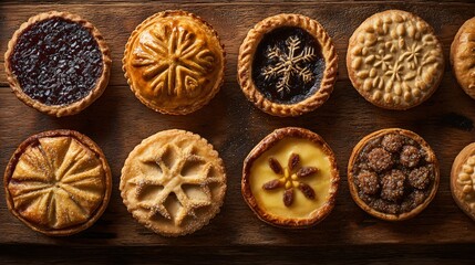 Mince pies photographed from overhead showing mixed pastry designs