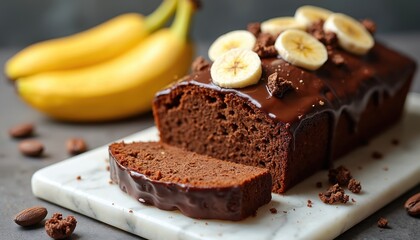 Rich chocolate banana loaf cake topped with glossy ganache and banana slices. Served on a marble slab, this moist dessert is perfect for cafes or home bakers wanting delicious baked goods visuals.
