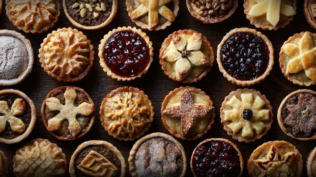 Mince pies photographed from overhead showing mixed pastry designs