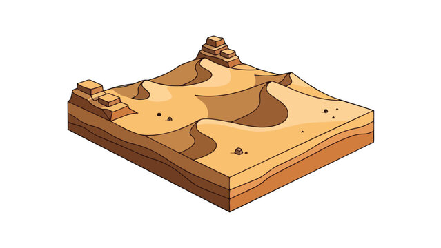 Captivating isometric illustration showcasing an ancient desert landscape complete with undulating golden sand dunes and striking stepped pyramid