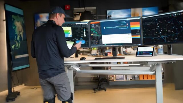 Operator adjusting adjustable standing desk in a hightech control room enhancing posture and productivity with ergonomic design and modern technology.