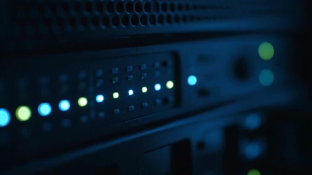 Dark Data center server rack with blinking server lights for technology background.