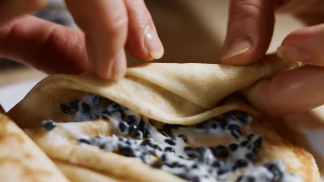 Rolling the blini with lump fish black roe filling, close up