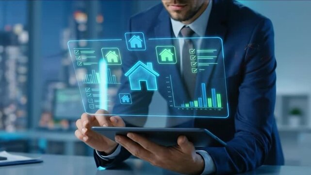 Professional Businessman Uses a Tablet to Interact with a Futuristic Holographic Augmented Reality Interface Displaying Real Estate Investment Data in a Modern Office 4K