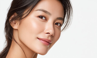 Fototapeta premium Close-up portrait of a serene woman with a smooth, glowing skin.