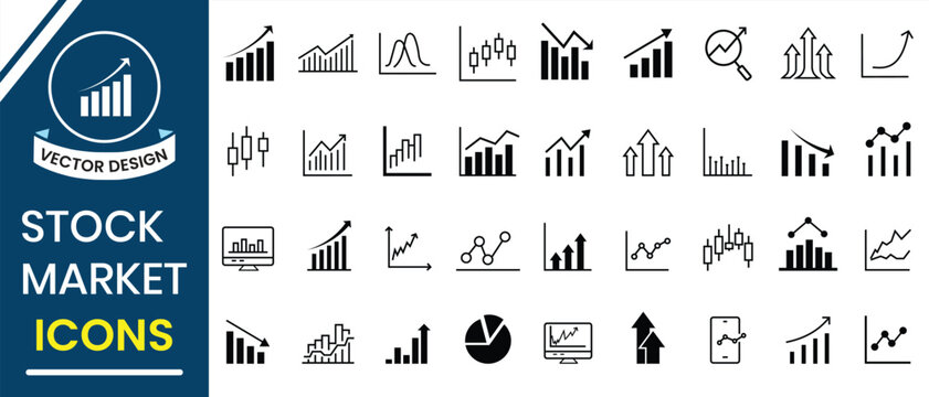 Stock market icons. Line growth and decrease icon set. Growth up and down, Profit and loss icon. Business, stock exchange, investment, analysis, percentage growth and decrease, candlestick line icon.