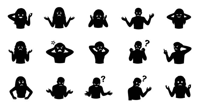 Collection of diverse silhouette illustrations depicting various human emotions and expressions, including confusion, frustration, and questioning, presented in a clean graphic style