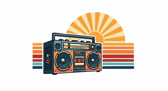 Stylized portable stereo cassette player graphic with retro sunburst design