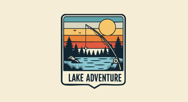Stylized graphic badge depicts a recreational fishing scene at sunset over water with forested shoreline