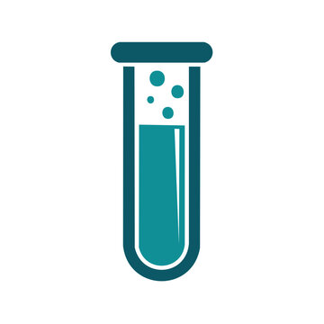Teal laboratory test tube with turquoise liquid and bubbles symbolizing science and research