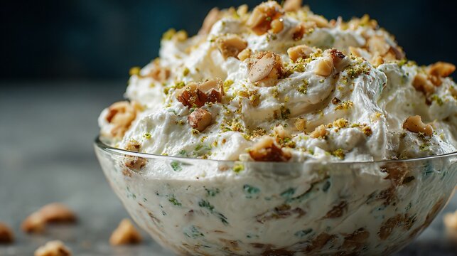 Watergate salad close-up showing crushed nuts embedded in cream, tactile texture focus, dark neutral backdrop