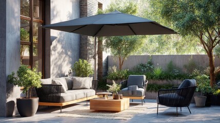Fototapeta premium Modern outdoor patio with elegant furniture and cozy ambiance in lush garden setting