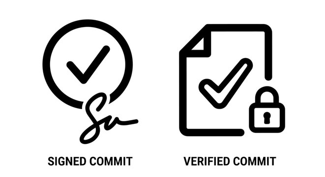 Digital security icons: signed commit with signature and checkmark, and verified commit with checklist and lock symbol