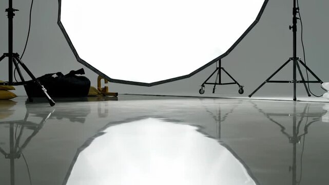 Studio lighting setup with softbox and camera stands, reflective floor, photography equipment.