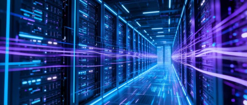 Data Center Corridor with Rows of Server Racks and Dynamic Light Streams Symbolizing Fast Information Flow and Advanced IT Infrastructure