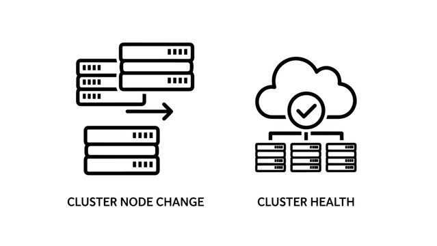 Icons for Cluster Health and Cluster Node Change: cloud with checkmark over servers and server stack with arrow, IT infrastructure management