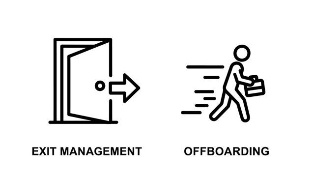 Exit management and offboarding icons for employee departure and human resources.