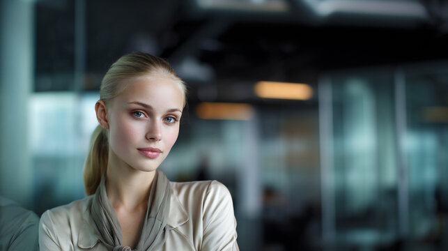 confident business strategist in neutral tones, modern professional woman with sleek ponytail, sophisticated female executive in minimalist style