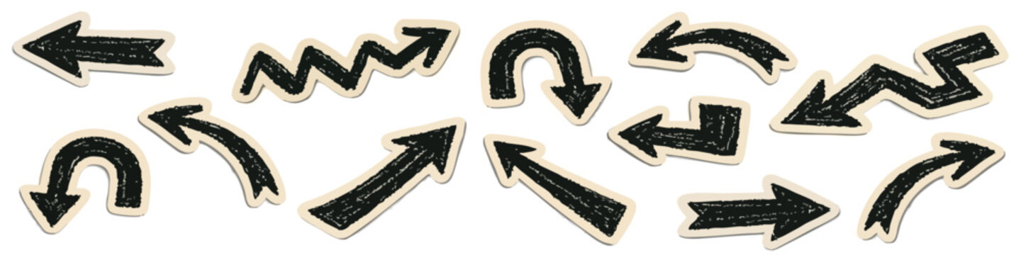 Collection of hand-drawn black charcoal arrows in sticker style with beige borders and shadows. Various shapes for graphic design and navigation.