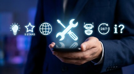 Naklejka premium A professional businessman is holding a smartphone, with a brilliant array of digital service icons, including a five-star rating and a global network symbol, floating above his device.