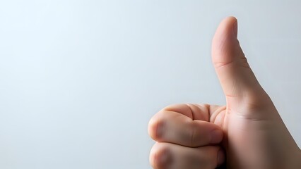 Hand showing thumbs up gesture on white background expressing approval and positive feedback for business presentations.