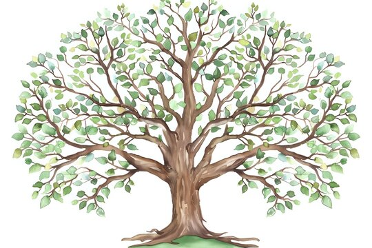Majestic oak tree with lush green foliage and strong brown trunk isolated on white background for nature designs, family genealogy, environmental concepts.