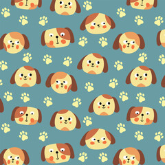Fototapeta premium Playful Seamless Dog Pattern with Puppy Faces and Paw Prints, Cute Pet Illustration Background