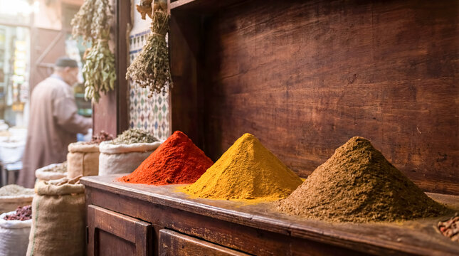 Moroccan spices in cones at market medina marrakech close up organic food seasoning culture background copy space street trade colorful aromatic
