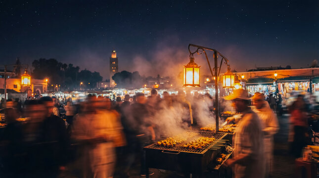 Jemaa el-Fnaa square at night in Marrakech Morocco city lifestyle travel destination background copy space street food crowd evening lights