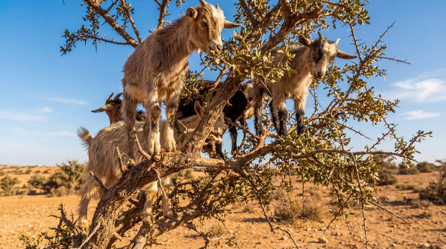 Goats on argan tree in Morocco landscape background agriculture nature oil production copy space environment unique animals travel destination
