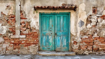 Weathered turquoise door in rustic brick wall scene