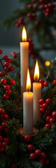 Candles casting a warm glow amidst evergreen branches and red berries,  light,  evergreen