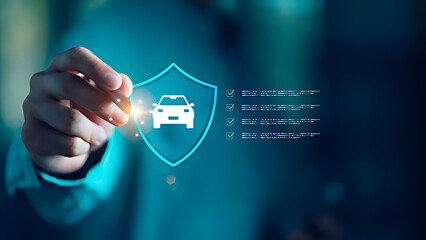 Financial advisor reviewing car insurance checklist through virtual interface, symbolizing risk assessment, compliance, modern automotive insurance service ,customer trust ,financial security