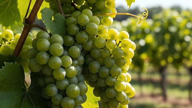green grape cluster on vine in sunlit vineyard