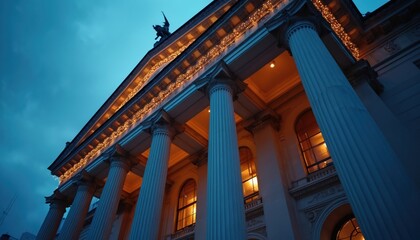 Plakat Neoclassical building facade with ionic columns illuminated by warm light. Festive string lights adorn the roofline against a twilight sky. Historic architecture is featured at dusk.